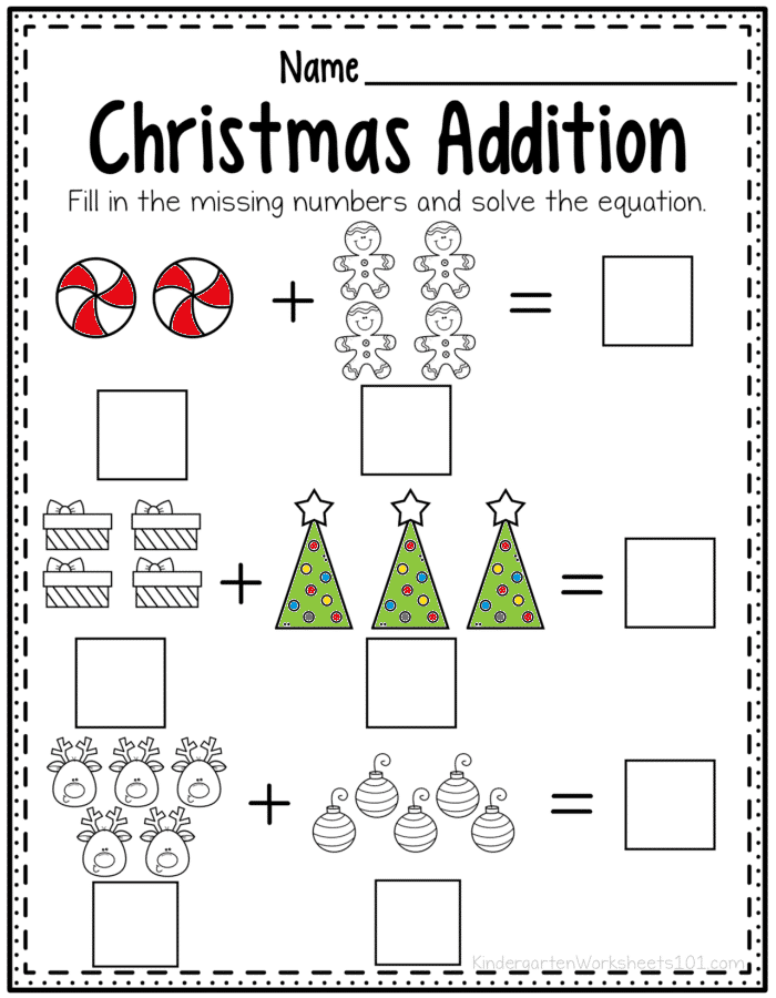 Kindergarten Addition Practice Worksheets for Christmas